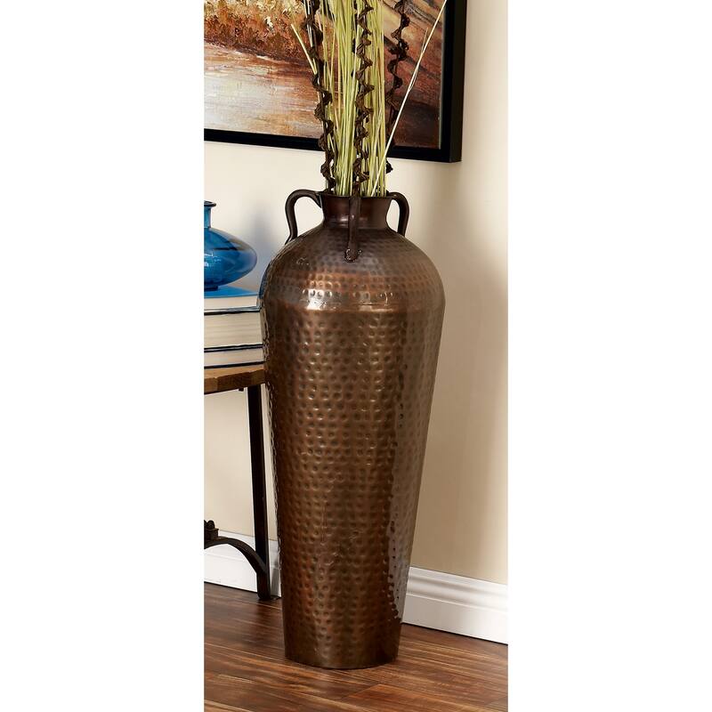 Metal Tall Floor Mediterranean Style Vase with Hammered Details and Handles - Brown - Roche River Decor