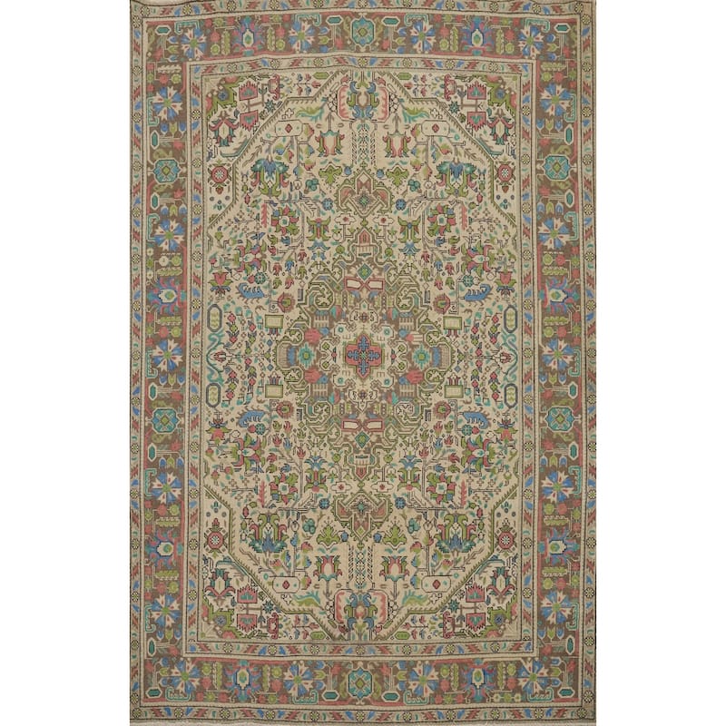 Hand Knotted Oriental 100% Wool Carpet Traditional Floral Beige & Ivories Tabriz Area Rug - 9' 4'' X 6' 8''