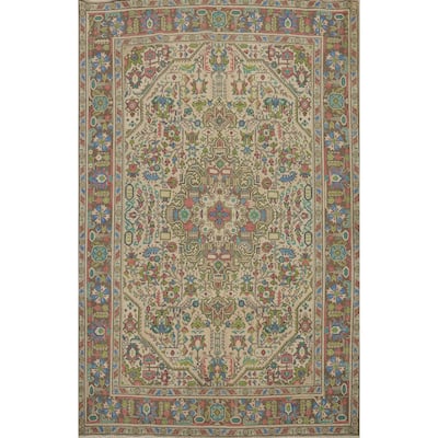 Hand Knotted Oriental 100% Wool Carpet Traditional Floral Beige & Ivories Tabriz Area Rug - 9' 4'' X 6' 8''