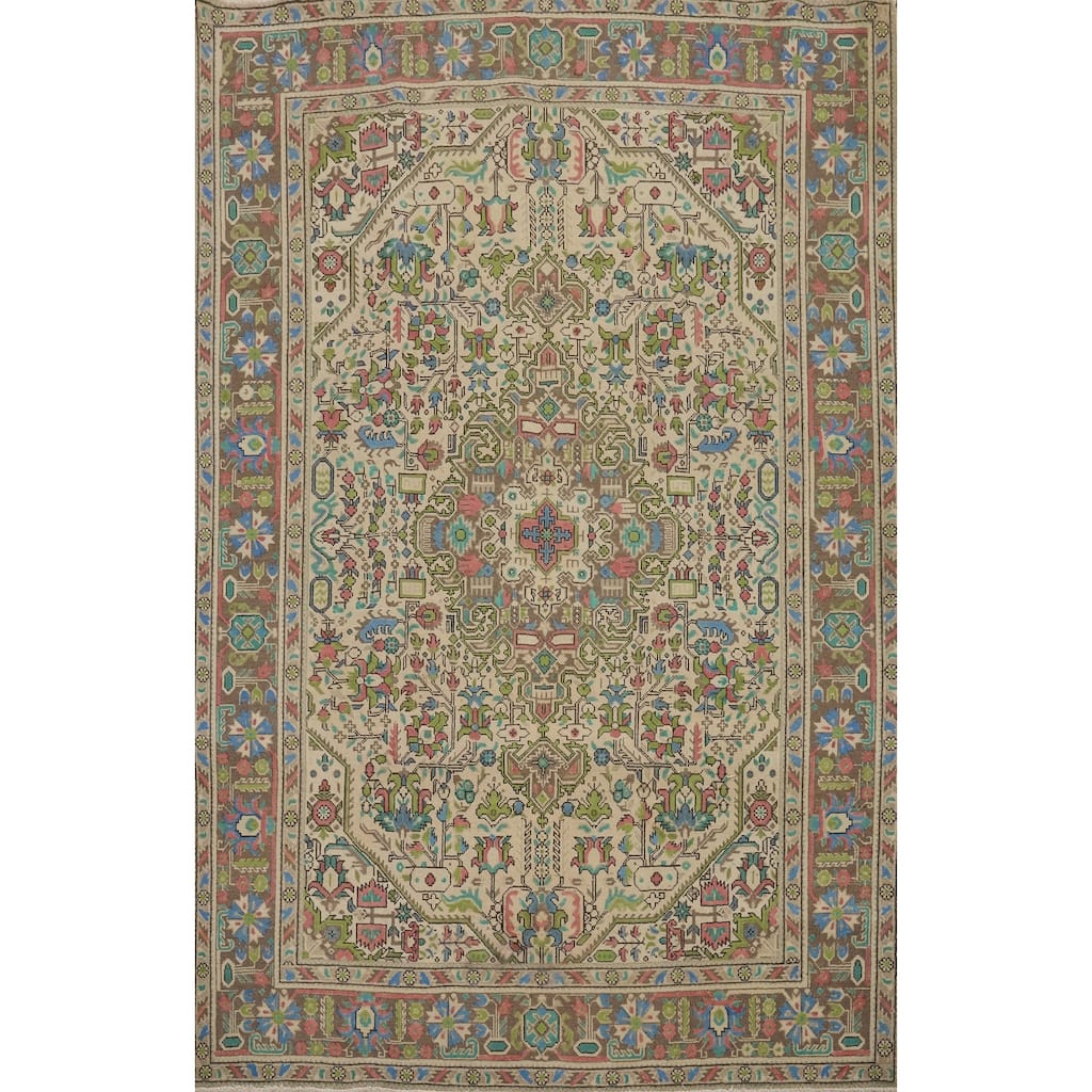 Hand Knotted Oriental 100% Wool Carpet Traditional Floral Beige & Ivories Tabriz Area Rug - 9' 4'' X 6' 8''