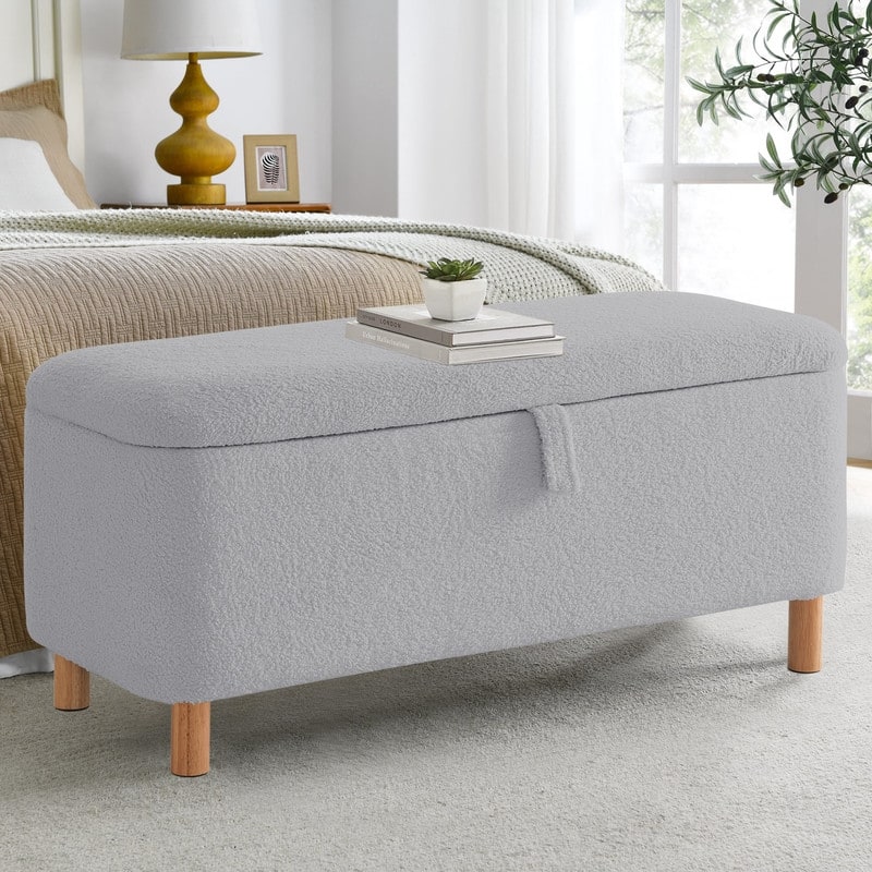 39.5" Off White Boucle Storage Ottoman Bench Sherpa Storage Bench Ottoman Foot Rest End of Bed for Living Room Bedroom,Wood Leg