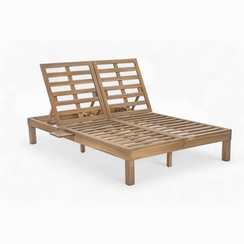 Acacia Wood Double Outdoor Chaise Lounge with 5-Position Adjustable Backrest