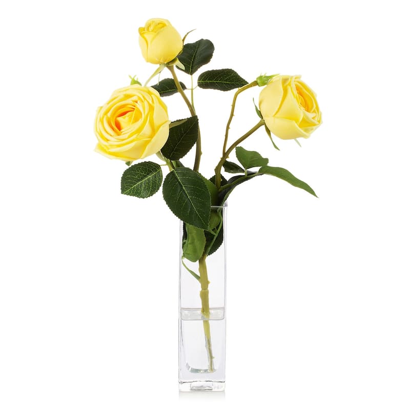 Enova Home Artificial Silk Rose Flower in Clear Glass Vase Faux Rose Flower with Vase For Home Office Decoration - N/A - Yellow