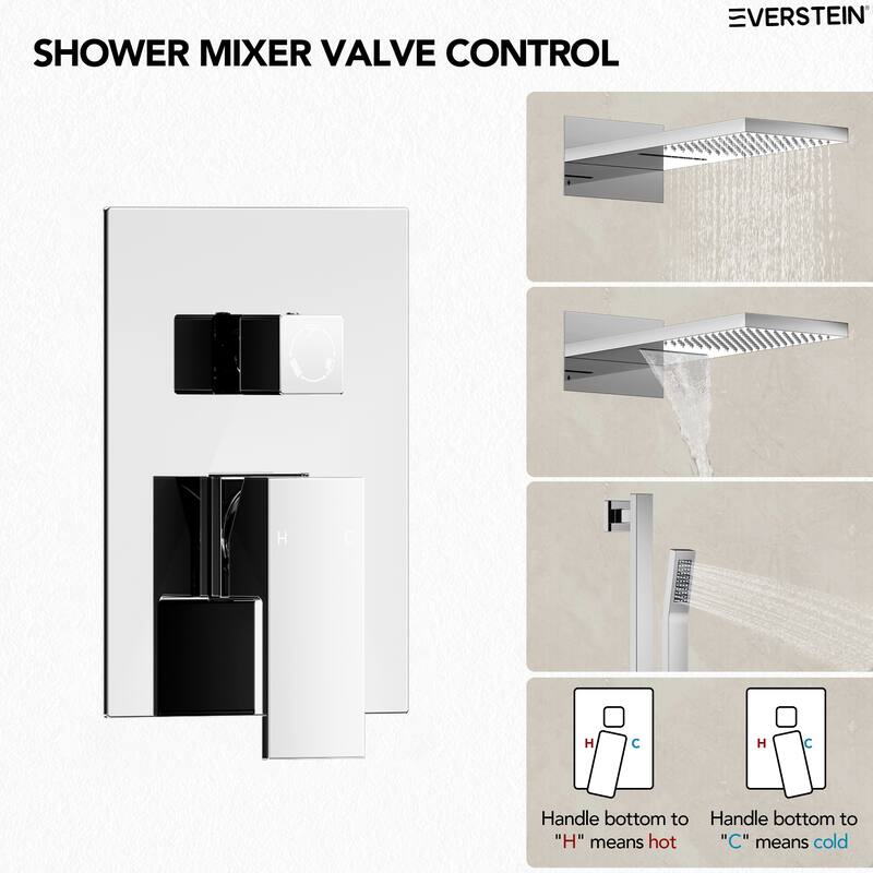 Dual-Function Wall Mounted Waterfall & Rainfall Shower Faucet Set With Rough-In Valve - 22"*10"
