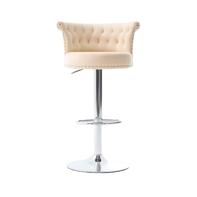 Velvet Bar Stool Set of 2, Adjustable Swivel Bar Stools with Silver Plated Metal Leg, Chrome Nailhead, Counter Height Chair