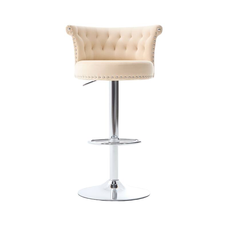 Velvet Upholstered Bar Stool Set of 2, Adjusatble Height Swivel Bar Stools, Dining Chairs with Curved Backrest & Footrest