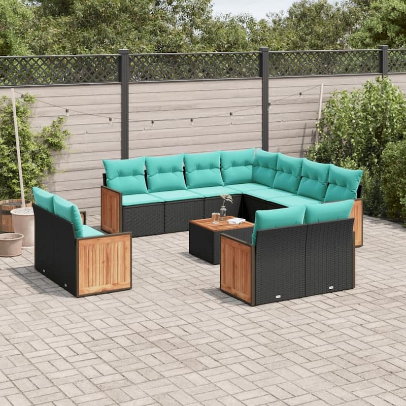 vidaXL 11 Piece Patio Sofa Set with Cushions Black Poly Rattan - 24.4x27.2x24.4-With table