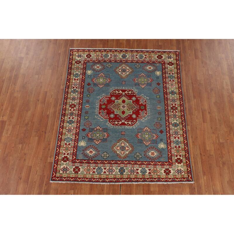 Blue Geometric Kazak Oriental Area Rug Handmade Floral Wool Carpet - 5'2" x 6'3"