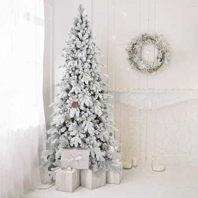 9 FT Flocked PE/PVC Christmas Tree with 52 Natural Pine Cones-2138Tips, Space-Saving Design, Hinged Branches, Stable Metal Stand