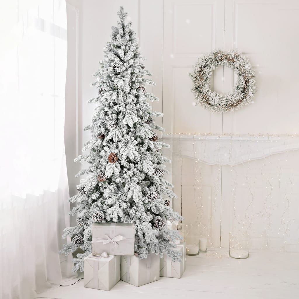 Flocked PE/PVC Christmas Tree - Pine Cones, Hinged Branches, Metal Stand, Snowy Look - White+Green