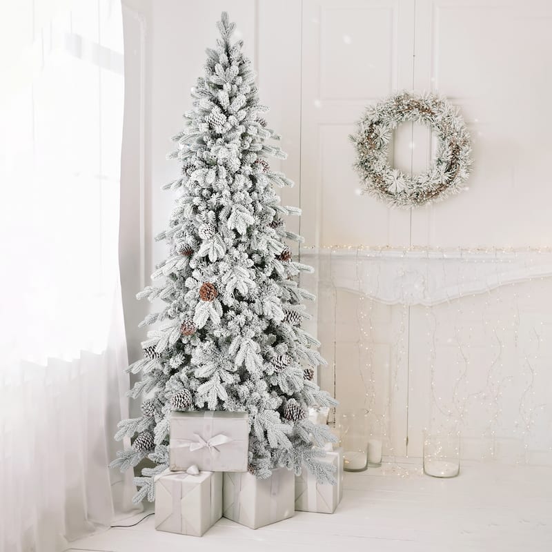 Flocked PE/PVC Christmas Tree - Pine Cones, Hinged Branches, Metal Stand, Snowy Look - White+Green