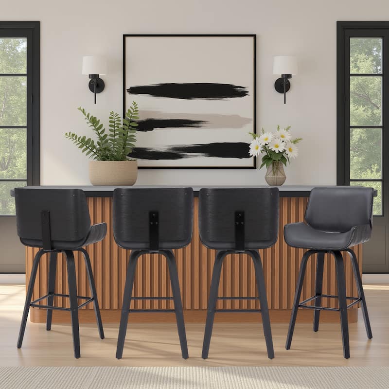 Tyler Mid-Century Swivel Bar Stool, Upholstered Counter Height Chair with Bentwood Legs - Set of 4 - Grey & Black - Bar Height