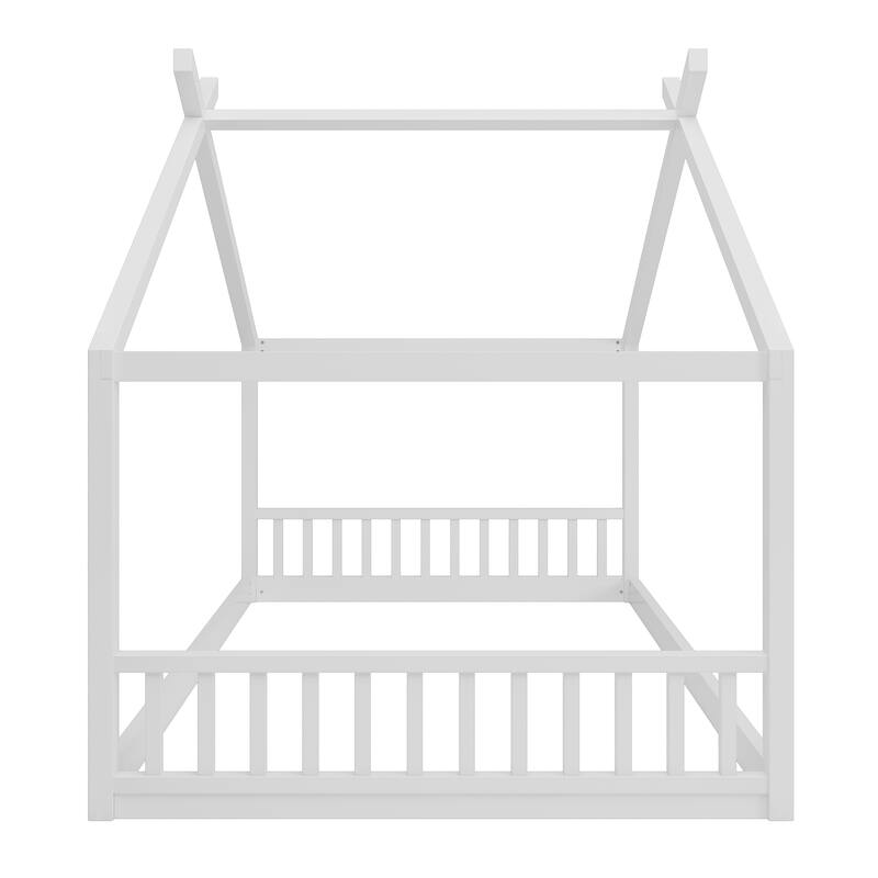 Full Size Montessori Style House Bed for Kids,Floor Bed Frame with Headboard and Footboard,Wooden Fence Bed ,Slat Not Included