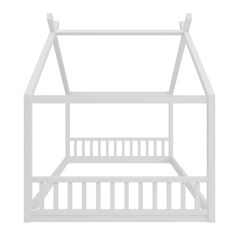 Montessori House-shape Bed Frame for Kids Toddler Floor Bed with Fence Headboard Footboard, Low Wooden Tent Bed Without Slats
