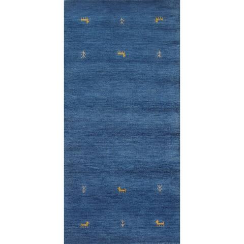 Blue Tribal Gabbeh Oriental Area Rug Handmade Wool Carpet - 2'8" x 6'4"