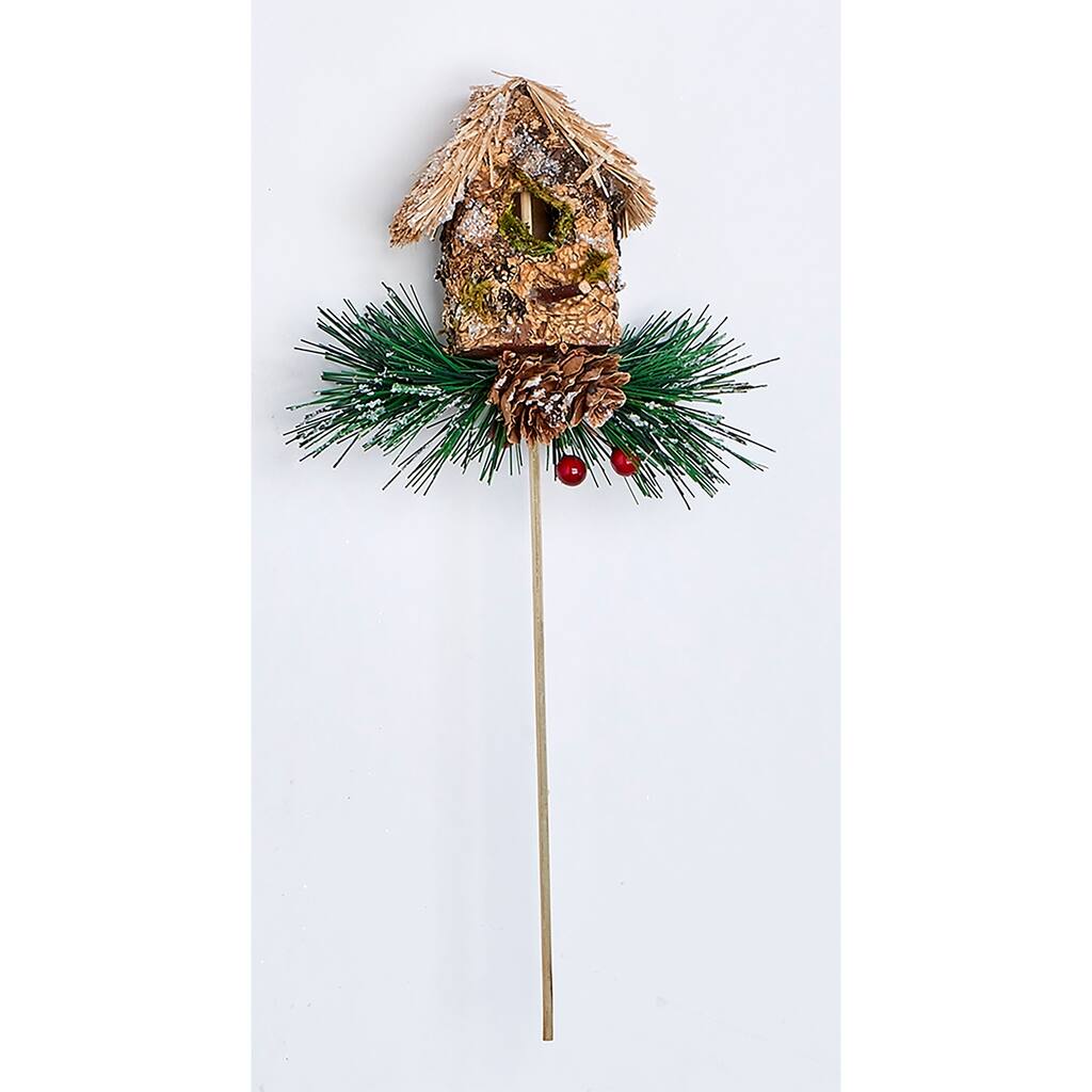 4" Birdhouse w/ Pine on 6" Wood Pick, Set of 6