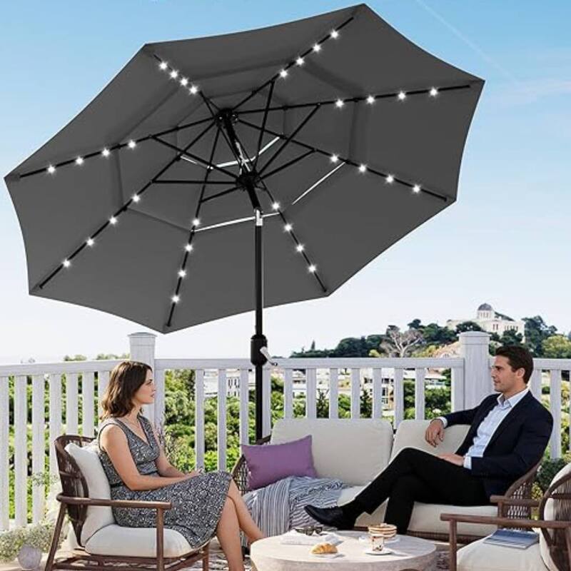 3-Tier 10Ft Patio Umbrella, Easy Crank and Push Button Tilt for Pool, Deck, Yard, Garden with LED Lights (No Base) - Grey