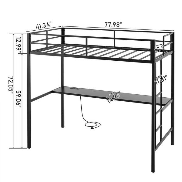 dimension image slide 2 of 4, Twin Square Tube Raised Bed With Table Outlet LED Light Strip Iron Bed USA