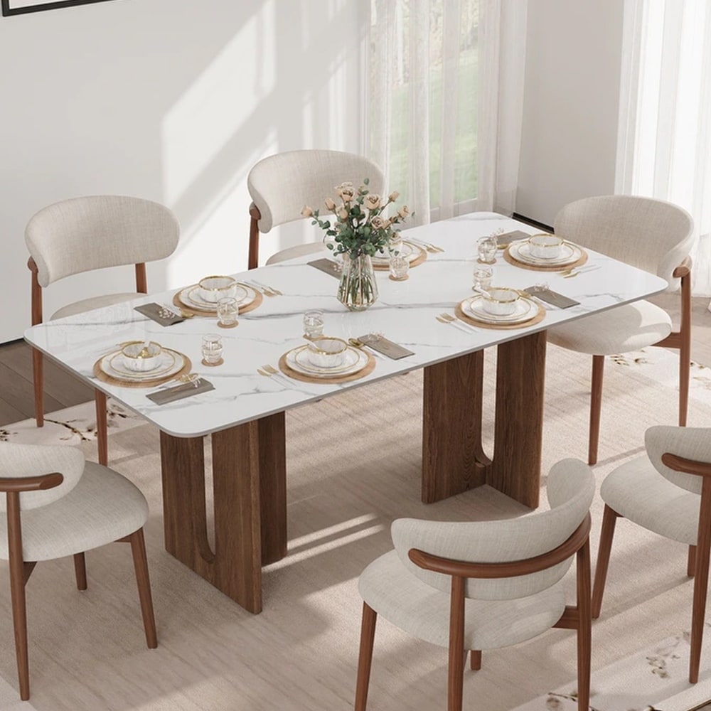 63" Modern Rectangular Dining Table for 4-6,Faux Marble top with Travertine Texture,Double Legs with Solid Woood Veneer