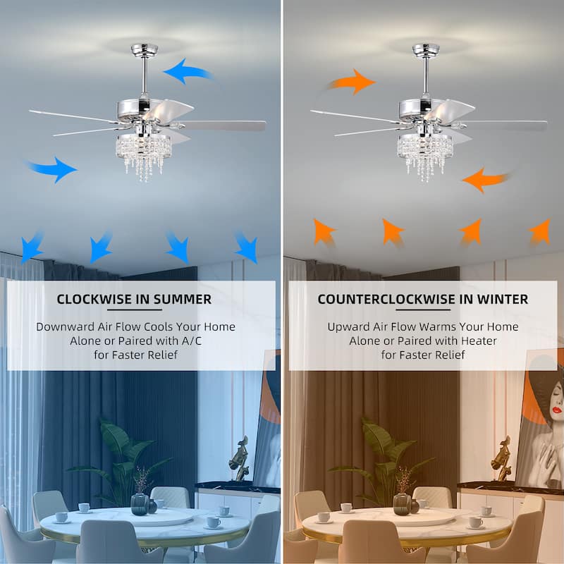 52” Modern Crystal Ceiling Fans with Lights Remote Control, Ceiling Fan with 5 Blade for Living Room, AC Motor, Chrome