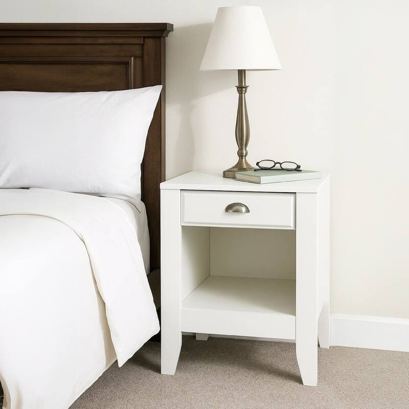 Crown Bedside Table Nightstand, 21 Inch w Drawer n Shelf, White MDF