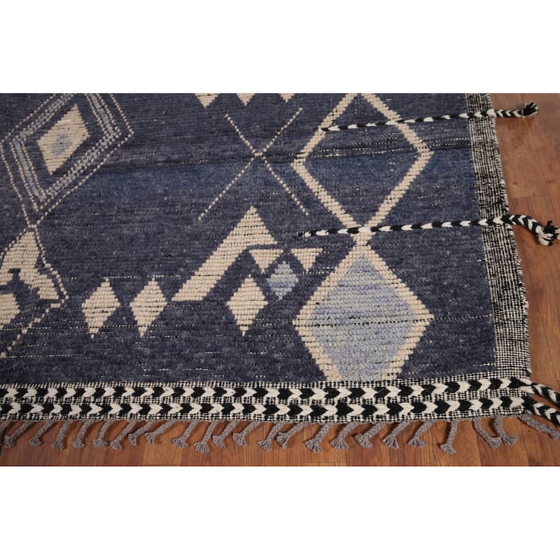 Geometric Blue Moroccan Oriental Area Rug Hand-Knotted Wool Carpet - 7'9" x 12'9"