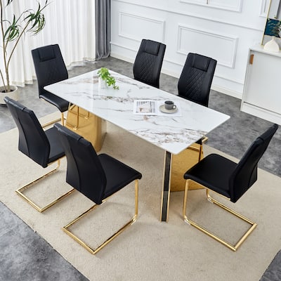 Roomfitters 7pcs Sintered Stone Dining Table Set with Golden Butterfly Legs and PU Upholstered Chairs, Black