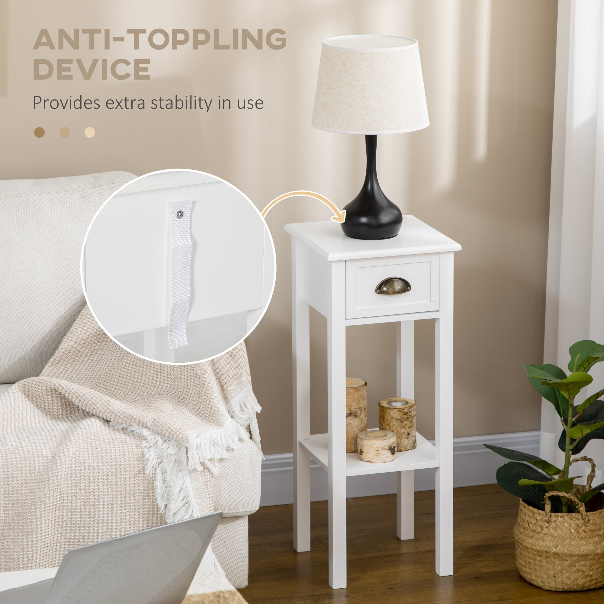 Two-Tier Side Table with Drawer and Bottom Shelf for Living Room or Bedroom