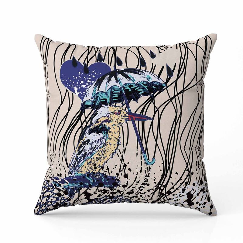 Bird with Umbrella Faux Suede Reversible Throw Pillow Beige and Blue