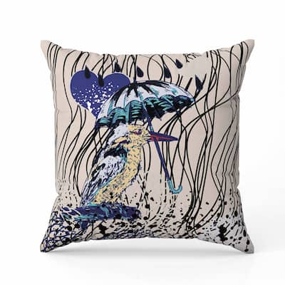 Bird with Umbrella Faux Suede Reversible Throw Pillow Beige and Blue