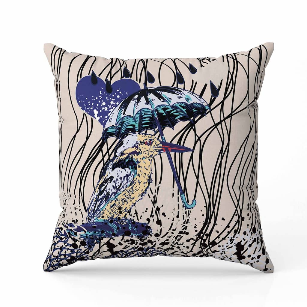 Bird with Umbrella Faux Suede Reversible Throw Pillow Beige and Blue