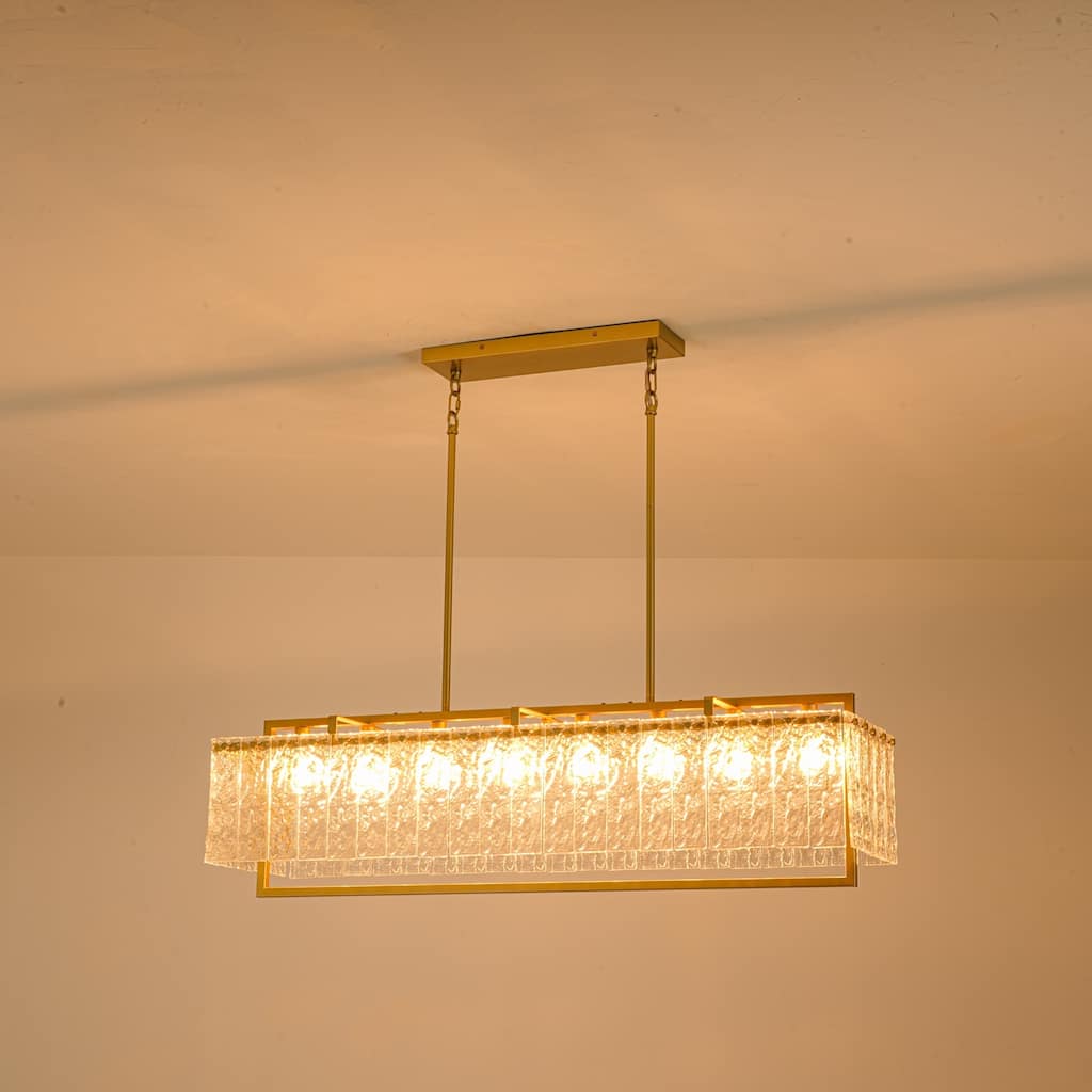 8-Light Gold Rectangular Chandelier with Water-Ripple Glass for Dining Room - 41.7 in. W x 11 in. D x 11.8 in. H