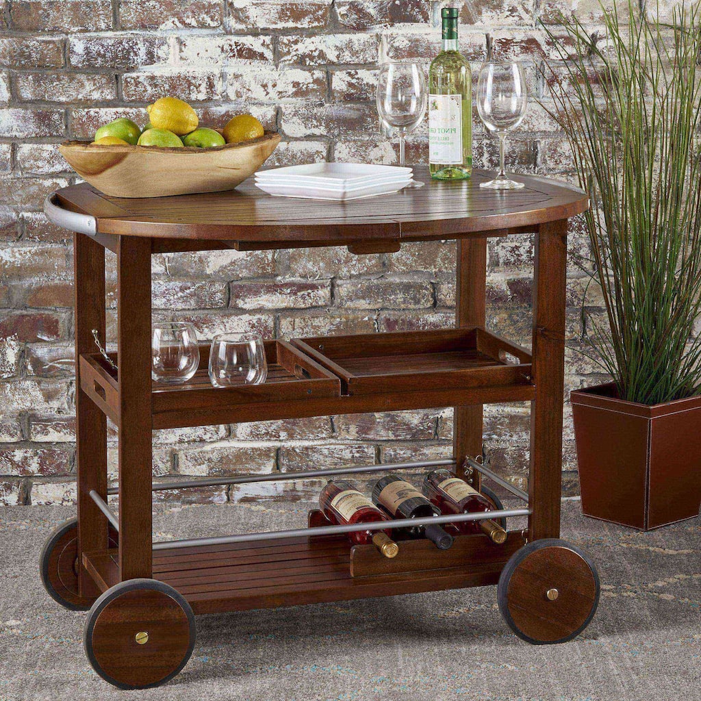 Modern Industrial Bar Cart with Removable Trays, Adjustable Top, Wine Storage, and Locking Wheels (35.5", Wood & Aluminum)