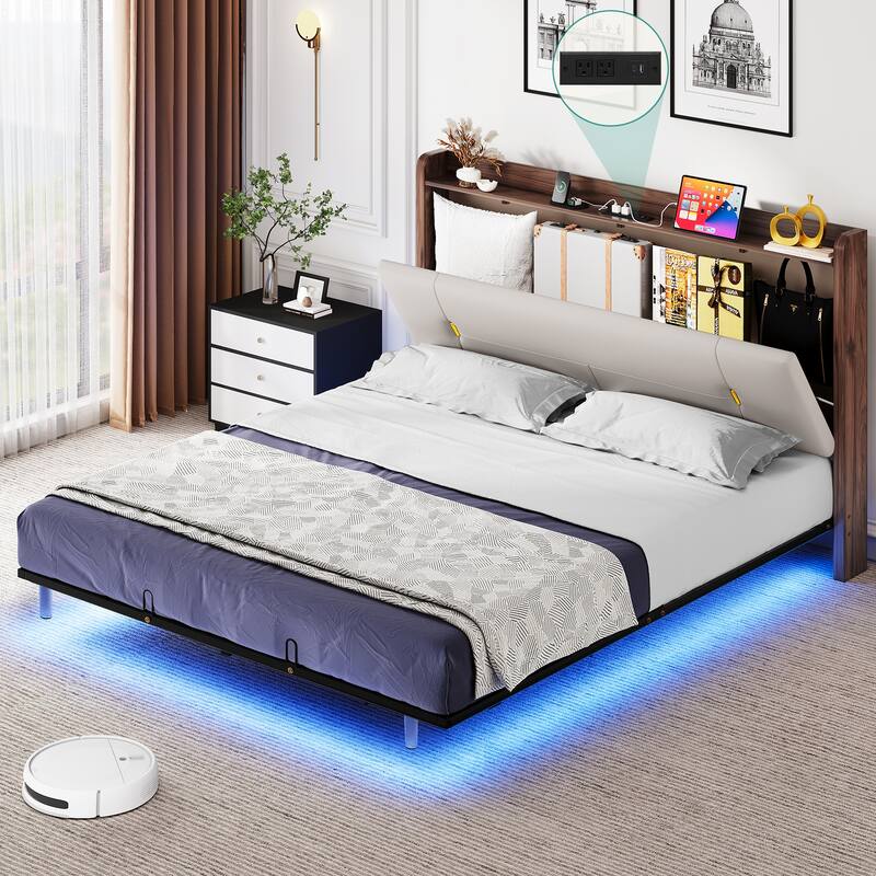 Moasis Floating Bed Frame with LED Lights PU Upholstered Platform Bed Frames - Light Grey - King