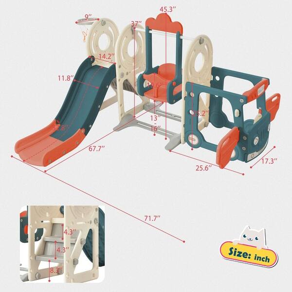 dimension image slide 0 of 4, Freestanding Bus Toy with Slide and Swing - Indoor and Outdoor Playset for Toddlers with Basketball Hoop