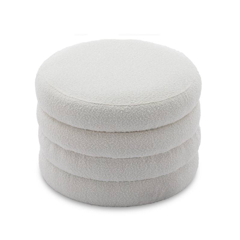 007-Boucle Fabric Storage Round Ottoman Footstool With Wooden Shelving