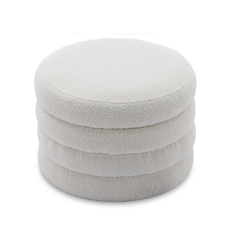 Boucle Fabric Storage Round Ottoman Footstool With Wooden Shelving,Ivory