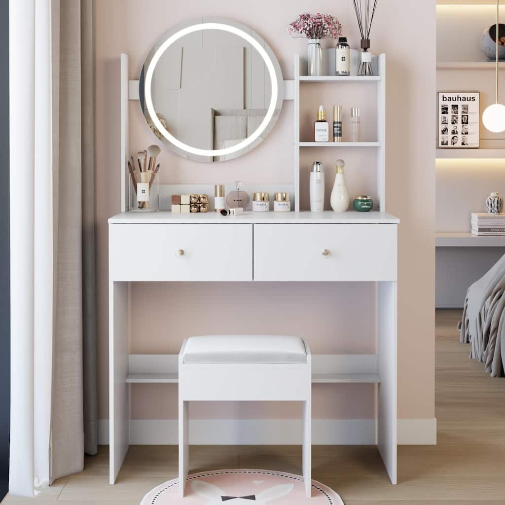 17" Round LED Mirror Vanity Table + Soft Cushion Stool Suit, Large Mirror, Touch Switch, 3 colors, Adjustable Brightness