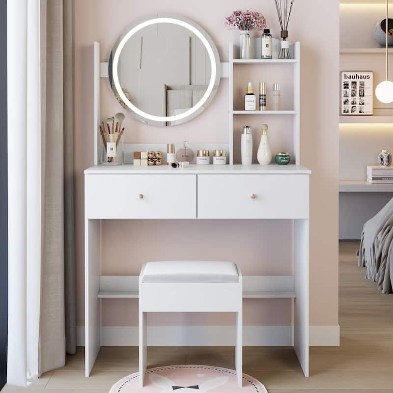 Round LED Mirror Vanity Table, Dressing Set with Cushioned Stool, Makeup Cabinet with Touch Mirror & Multi-layer Storage - White