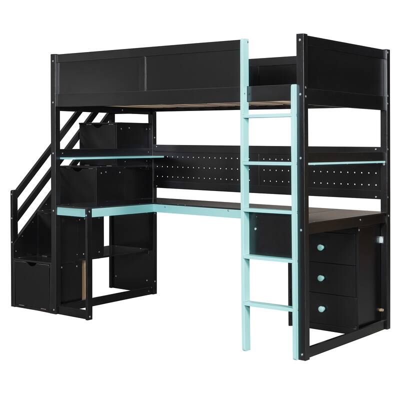 Gaming Loft Bed with Storage Stairs & Desk, Video Game Bed Wood Loft Bed Frame with Pegboard for Teens