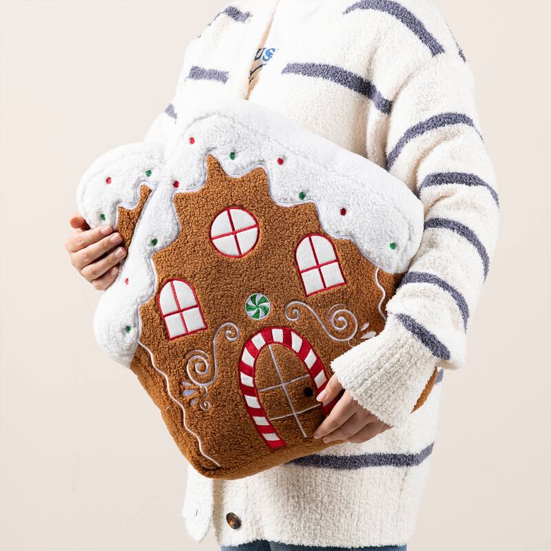 Glitzhome Set of 2 Christmas Gingerbread Man and House Shaped Throw Pillows