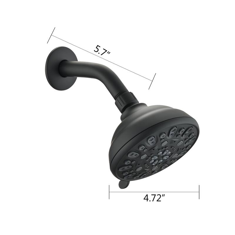 Matte Black high pressure 6-setting 4" shower head - Angle adjustable, clog-proof shower head