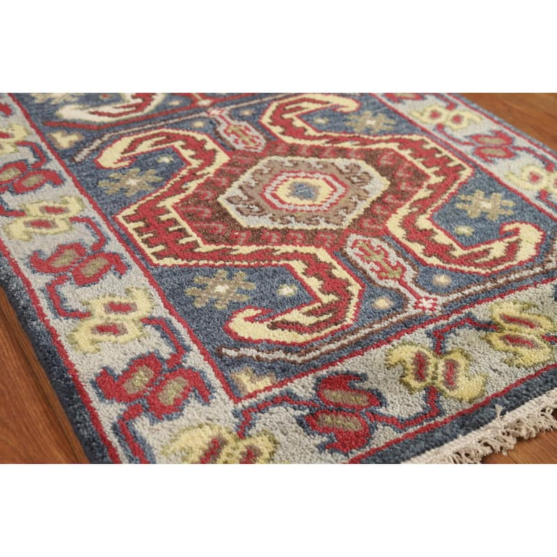 Hand Knotted Oriental 100% Wool Carpet Traditional Geometric Navy Blue & Blues Heriz (serapi) Runner Rug - 9' 10'' X 2' 6''