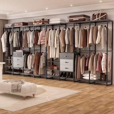 Rackcog 74-148'' W Closet System with 3 Wood Drawers and 11-Tier Storage Shelves,Multifunctional Walk-in Closet Organizer