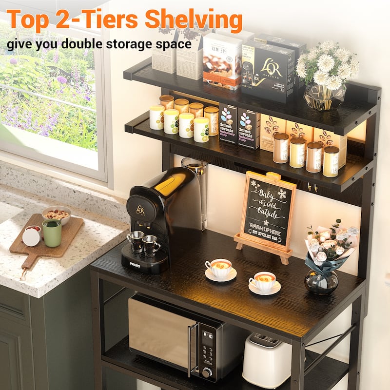 Bakers Rack Kitchen Storage Shelf with Power Outlets and RGB LED Lights,5 Tiers Coffee Bar Station,Microwave Stand