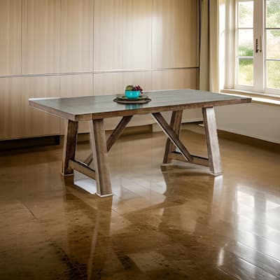 Jule Dining Table, 76 Inch Rectangular Top, Trestle Base, Brown Solid Wood