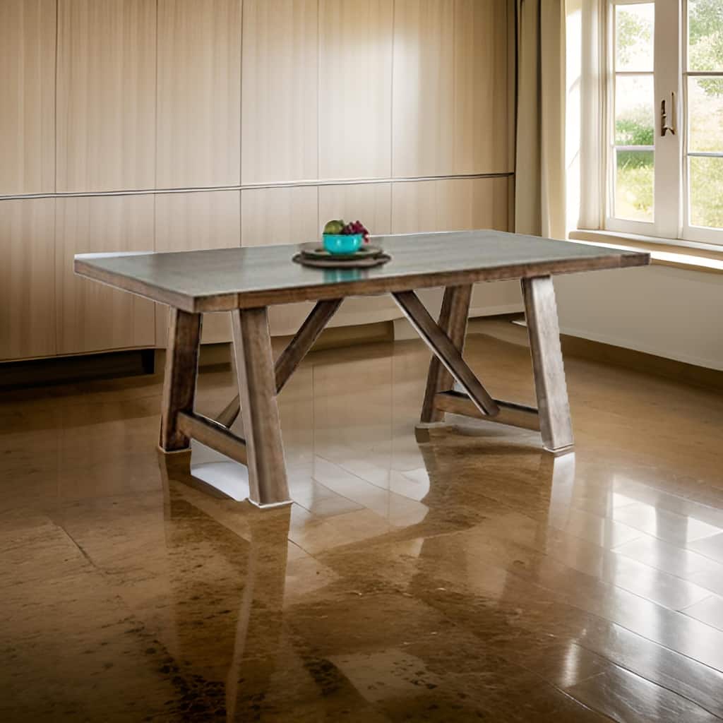 Jule Dining Table, 76 Inch Rectangular Top, Trestle Base, Brown Solid Wood