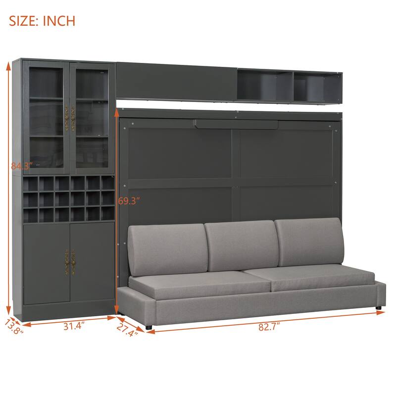 Queen Size Murphy Bed Wall Bed with Sofa , Shelves USB & Light