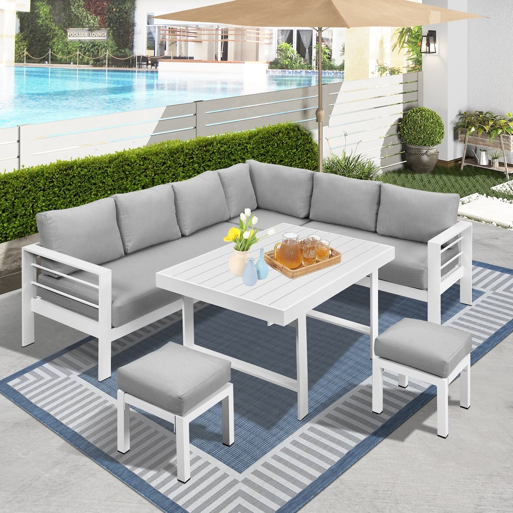 6-Pieces Grey Aluminum Frame Outdoor Dining Set with Dark Grey Cushions