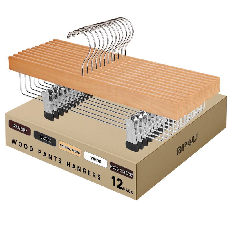 BP4U Premium Wooden Pants Hangers with Adjustable Clips, Solid Wood Skirt Hangers for Jeans, Slacks, Dresses - 12-Pack - Natural Wood